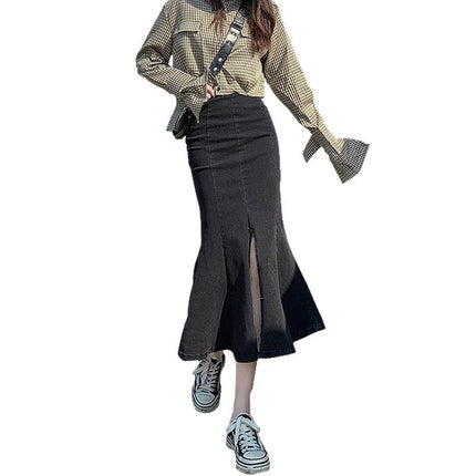 Black Grey Denim Skirt Women's Trendy All-match New Design Sense Niche Hip Fishtail Split Half Skirt