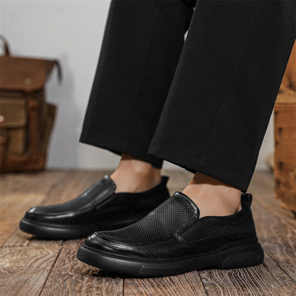 Leather Shoes Men's Summer Business Casual Work Shoes Cut Out Breathable Perforated Soft Leather All Black Pure Cowhide Men's Shoes