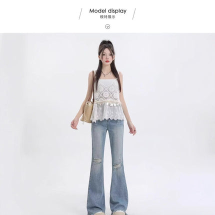 Light Blue Ripped Jeans for Women, Summer New Style, Tall 175cm, Slimming High-Waisted Fringed Extended Flared Pants