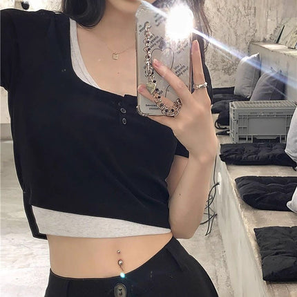 92 Rayon 8 Spandex Summer New Sexy Fake Two-Piece Short-Sleeved T-Shirt Women's Niche Slim Bm Short Crop Top