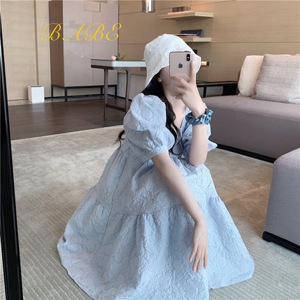 Cream Puff Princess Dress Summer Season Girl Puff Sleeve Waist White French Square Neck Elegant dress Children