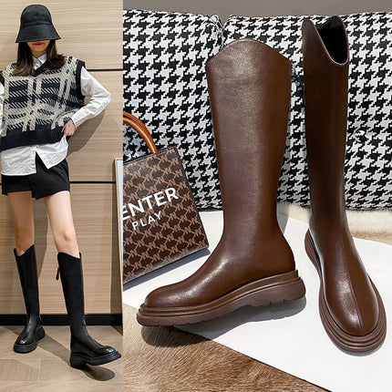 Fashionable and Elegant Long Slim Boots with Back Zipper, Knee-High Thick-Soled High Boots, 2025 Spring New Plush Women's Boots