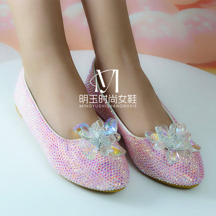 Flat Crystal Shoes with Round Toe, Handmade Pink Jelly Diamond Glass Flower Design, Casual Shopping Wedding Shoes, Women's Single Shoes