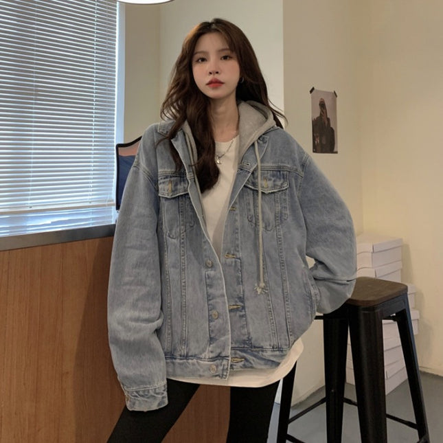 Real Shot of Hooded Denim Jacket for Women, Spring and Autumn 2026 New Style, Light-Colored Korean Version, Loose Casual Top, Trendy