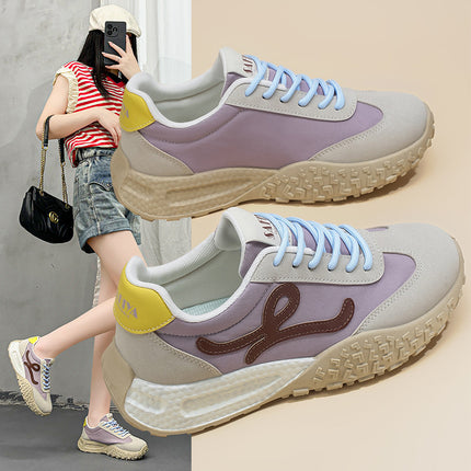 Women's Training Shoes 2025 Summer New Breathable Lightweight Soft Sole Casual Sports Shoes Height-Increasing Niche Leather Panel Shoes for Women