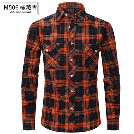 Spring and Summer Slim Amazon Fashion Brushed Plaid High-End Long-Sleeved Double Pocket Flannel Men's Shirt