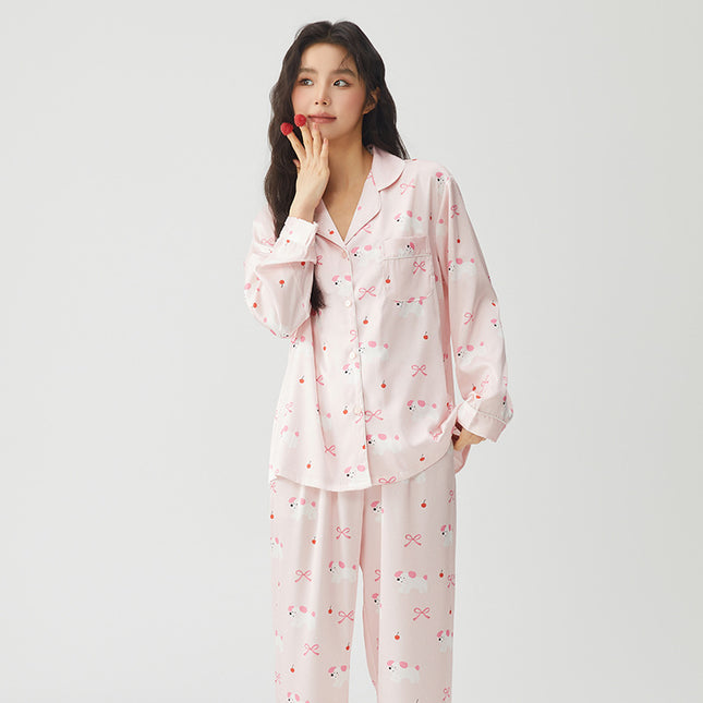 Bow Dog Cartoon Sweet Cute Wind Women's Pajamas Ice Silk Early Spring Comfortable Long Sleeve Home Clothes