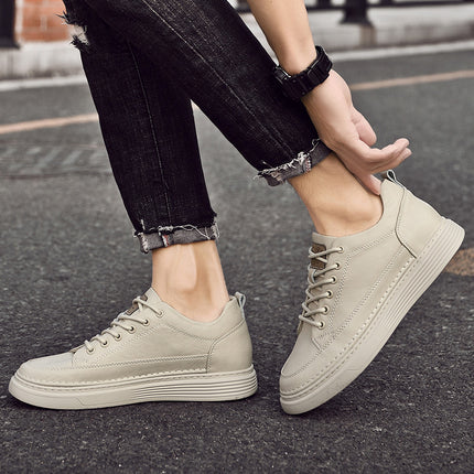 Summer Hollow Invisible Height-increasing 8CM Board Shoes Cowhide Surface Breathable Youth Shoes Lace-up Platform Outdoor Sports Men's Shoes