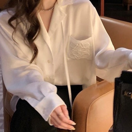 Spring and Summer Lo*We Acetate Shirt Women's High-End Satin Gloss 18,000 Needle Embroider Shirt Cardigan