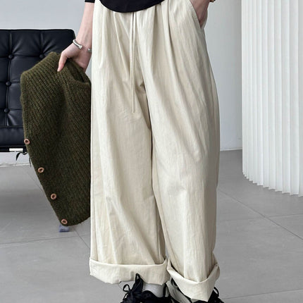 Orange Zhi Spring New Style Work Pants for Women, High-Waisted Loose Casual Pants, Women's Elastic Waist Wide-Leg Pants 24005