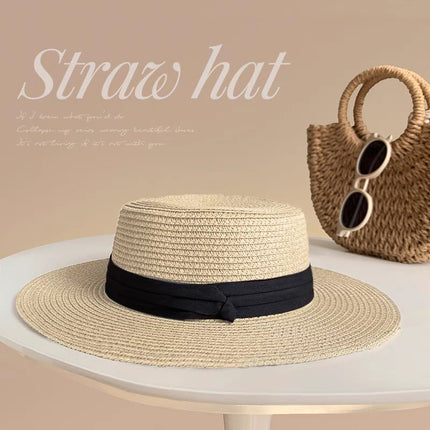 [Great Value] French Style Socialite Flat Top Hat 2025 New Summer Elegant Pearl String Sunshade Woven Straw Hat