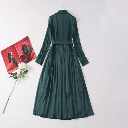 Star with 2024 early autumn women's lapel long sleeve dark green buckle waist long temperament socialite dress