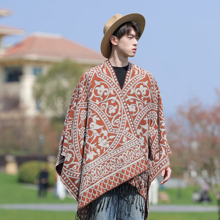 New Cross-Border Retro Cloud Totem Jacquard Ethnic Style Shawl Cloak Sichuan-Xizang Xinjiang Travel Photo Slit Scarf
