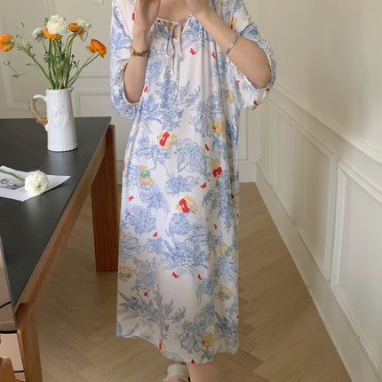 2026 New Cotton Silk Nightgown for Women, High-End Printed Short-Sleeved Long Dress, Large Size, Thin Style, Can Be Worn Outside as Loungewear