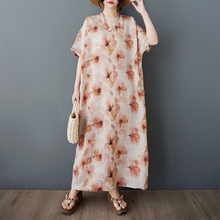 25 Summer New Artistic Fashion Comfortable Printed V-neck plus size Women's Long Temperament Short-sleeved Foreign Trade dress