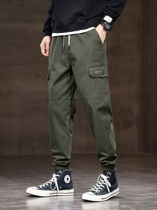 Autumn thick men's loose drawstring multi-pocket overalls fashion brand cotton leggings casual pants in stock