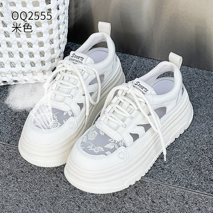 Genuine Leather Lace Mesh White Sneakers 2026 Summer New Thick-Soled Hollow-Out Versatile Trendy Sports Casual Sneakers for Women