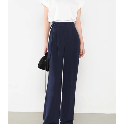 Navy Blue Women's Suit Pants New Chinese Style Tie Pants Drape Slimming Straight Wide-Leg Pants Extended Length