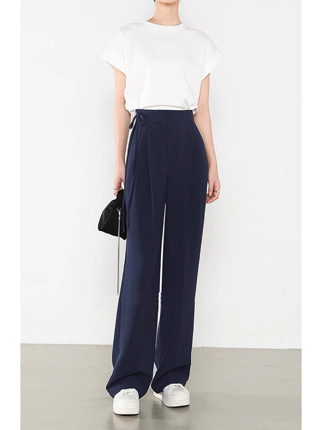 Navy Blue Women's Suit Pants New Chinese Style Tie Pants Drape Slimming Straight Wide-Leg Pants Extended Length