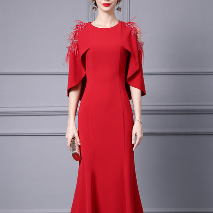 Zhili Red dress plus size Women's chubby girl Belly Covering Light Luxury High-end Important Occasion Shoulder Dress