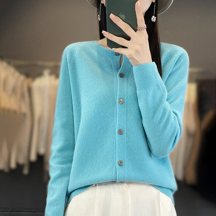 2024 Seamless One Round Neck 100 Wool Cardigan Women's Osmanthus Needle Long Sleeve Jacket Top Base Shirt