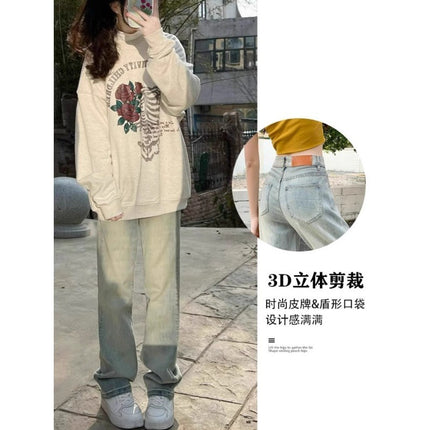 fleece-lined Thickened Wide-leg Jeans Women's Autumn and Winter Fashion All-match New High Waist Slimming Pendant Straight Casual Trousers