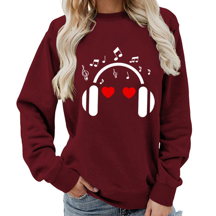 Music Headphones Love Printed Round Neck Women's Top Sweatshirt Foreign Trade Supply Autumn and Winter Coat Casual Loose European Size