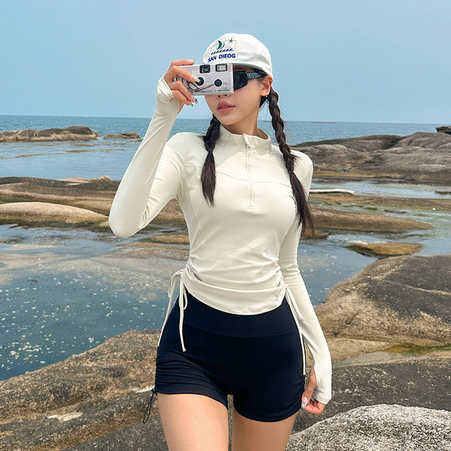 South Korea Long-sleeved Swimsuit Sunscreen Sporty Instagram Style Conservative Split Flat Corner Belly Covering Slimming 2025 Cross-border Swimsuit