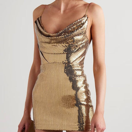 European and American Cross-border Sexy Hot Girl Golden V-neck Strap Backless Short Skirt Beaded Dress Nightclub Hot Skirt