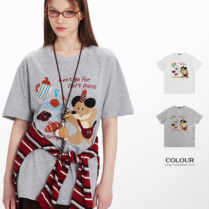 HeyHenry Men's Summer Bear Towel Embroidered Jacquard Loose Couple T-Shirt Round Neck All-match Short-sleeved Women's Ins