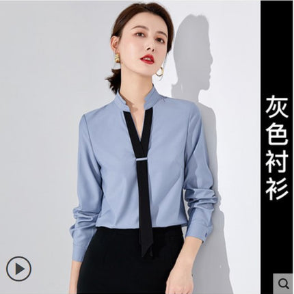Spring and Autumn fashion long-sleeved shirt V-neck color matching shirt elegant goddess style front desk work clothes suit skirt sales women's suit