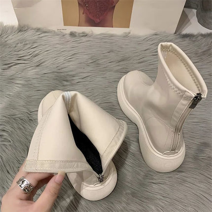 New Products, New Small Leather Boots for Women, Thick-Soled Outer Wear, New Mid-Calf Boots, 2025 Spring & Fall New Round-Toe Back Zipper Short Boots