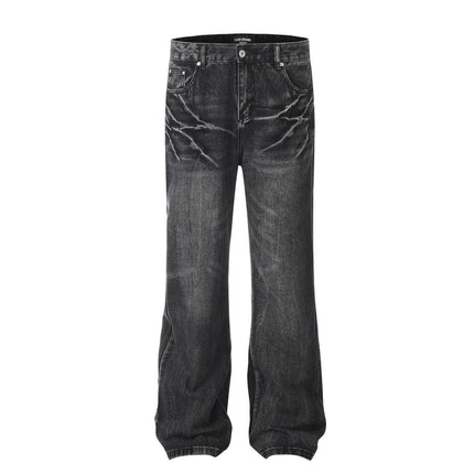 11KN American Retro High Street Lightning Crack Washed Jeans Old Cat Whiskers Loose Micro-pants Jeans