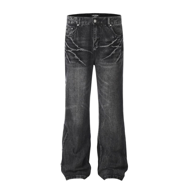 11KN American Retro High Street Lightning Crack Washed Jeans Old Cat Whiskers Loose Micro-pants Jeans