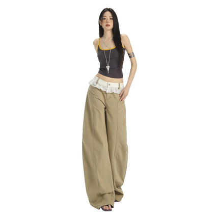 Khaki Scimitar Wide-Leg Jeans for Women 2025 Summer New High-Waisted Loose Lace Design Sickle Pants