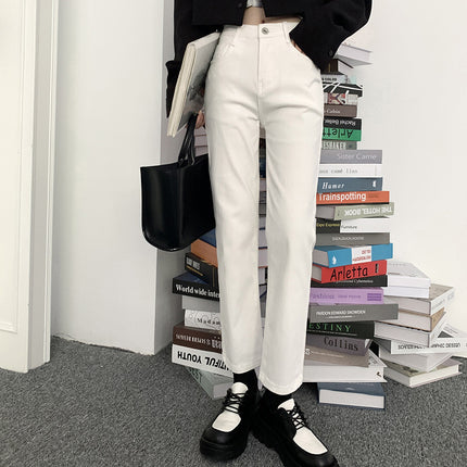 Beige Pants Pear-Shaped Body Hip-Covering Apricot Women's Short Straight Pipe Off-White Cropped Jeans