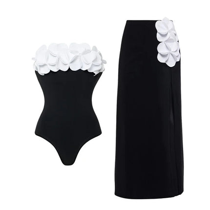 2025 Cross-Border European and American Swimwear New 3D Flower Tube Top Fresh Green One-Piece Swimsuit Wrap Skirt Suit for Women 25316