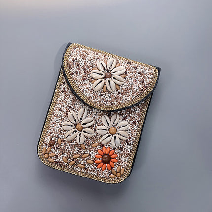 Red Lotus Women's Mobile Phone Bag Xinjiang Inner Mongolia Yunnan Travel Souvenir Retro Heavy Industry Rice Bead Shoulder Bag