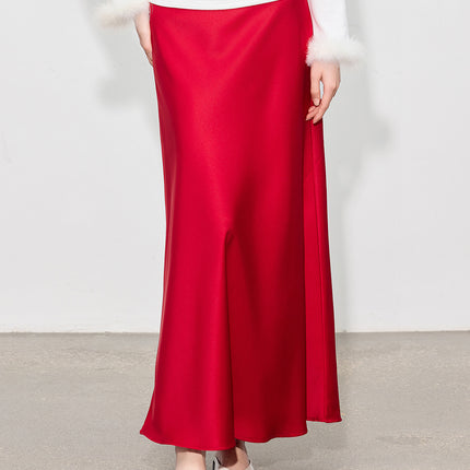 【Zhihetang】High-Waisted Satin Acetate Skirt 2026 Spring/Summer Bodycon Fishtail A-Line Long Skirt Ice Cream Color