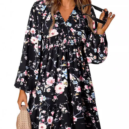 2025 Bohemian Floral V-Neck Long Sleeve Pleated Waist Casual A- Line Skirt with Swing Mini dress
