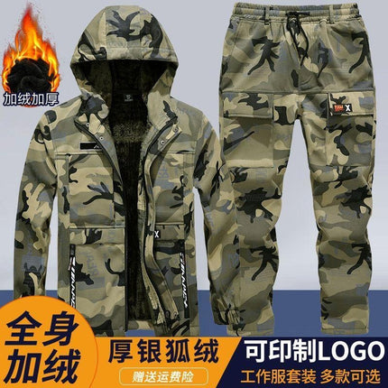 Autumn and winter velvet labor protection overalls camouflage suit men's thickened wear-resistant cold-proof warm leisure overcoat