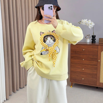 Shuangtian 2025 New Autum Fat Girl Plus Size Women's Sweatshirt Sweet Kitten Turban Round Neck Sweatshirt Women 9052