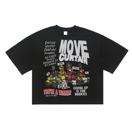 LawFoo Autumn American Vintage Direct Spray Streetcar Printed T-Shirt for Men and Women Couple Loose Round Neck Short Top