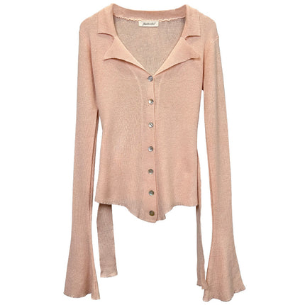 South Korea's Dongdaemun New Product, Feminine Lapel Lace-Up Slim Knitted Cardigan Me Fashionable Elegant