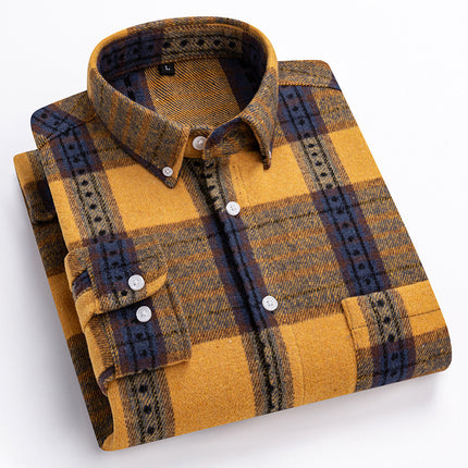New Spring and Summer Pure Cotton Men's Shirts, Brushed Plaid Long-Sleeved Casual Shirts, Slim Fit, Fashionable and Versatile Tops Wholesale