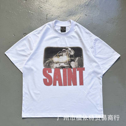 Saint Michael Cho Big Face European and American Retro Washed and Distressed Commemorative Portrait Short-Sleeved T-Shirt Trendy