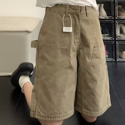 American Military Green Workwear Five-Point Jeans for Women Summer 2025 New Medium Pants Straight Sycamore Wide-Leg Shorts