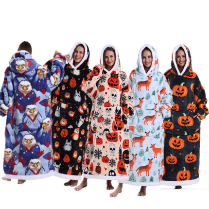 A generation of new fruit products lazy pajamas TV blanket embroidered hooded nightgown loose wear men's and women's bathrobes