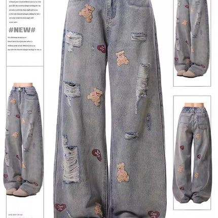 Fun Cartoon Bear Embroidered Ripped Jeans for Women Retro Washed High Waist Slim Loose Floor-Length Wide Leg Pants