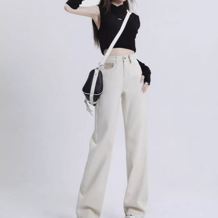 creamy-white Narrow Wide Leg Straight Jeans Women's 2024 Summer New High Waist Slimming chubby girl Drape Pants